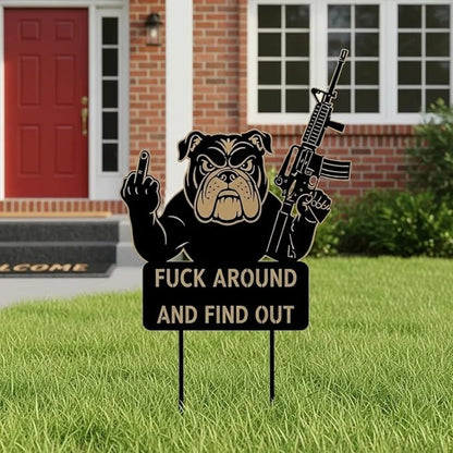 F Around & Find Out Dog Sentry Metal Dogs Silhouette Garden Stake with Middle Finger &Weapon Sign, FAFO Security Sign Middle Finger Dog Statue Decor for Outdoor Yard Patio (Bulldog, 8 * 16")