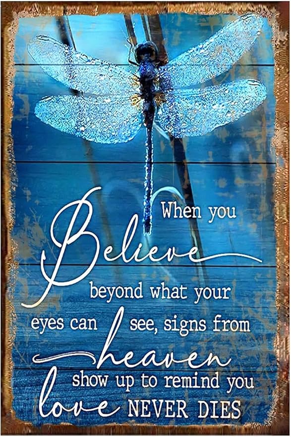 Dragonfly Tin Sign Metal Poster Vintage, Love never Dies, Wall Art Decor Gifts for Home Bar Kitchen Restaurant Bedroom Garden Plaque 8x12 Inch