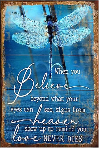Dragonfly Tin Sign Metal Poster Vintage, Love never Dies, Wall Art Decor Gifts for Home Bar Kitchen Restaurant Bedroom Garden Plaque 8x12 Inch