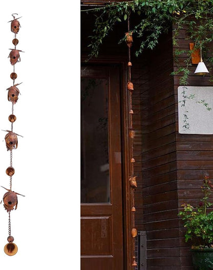 Owl Rain Chain, Bronze Metal Bird Rain Catcher Chain with Bell 90.6 inch Adjustable Metal Rain Chain for Garden Decoration Eave Device