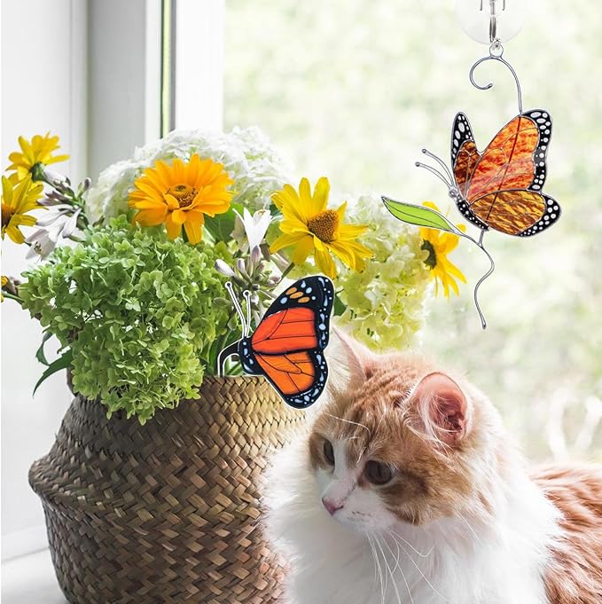 2 PCS Monarch Butterfly Decorations for Windows Hanging & Plant Decorations for Pots, Acrylic Suncatchers Butterfly Garden Yard Sun Catcher for Home Indoor Outdoor Decor- Gifts for Women