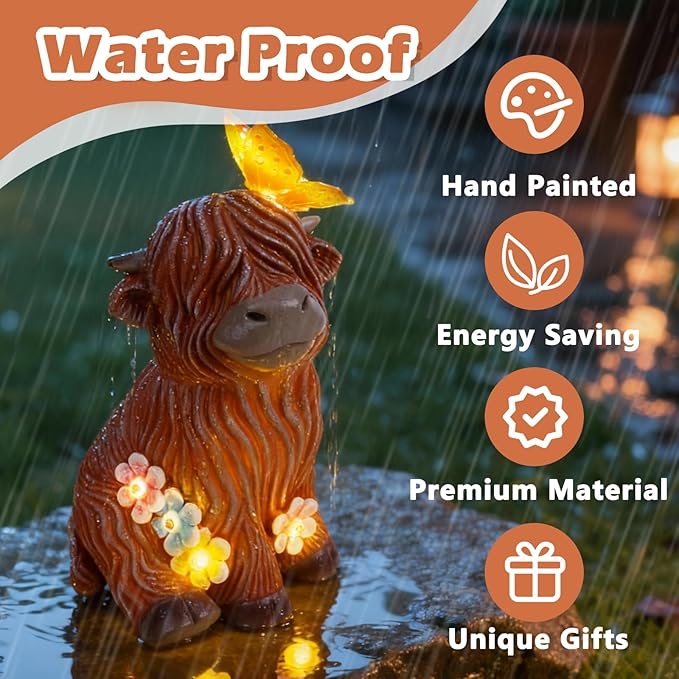 Highland Cow Garden Statue with Butterfly - Outdoor Decor for Yard, Patio & Lawn - Cute Cattle Figurine, Whimsical Backyard Ornament & Art, Unique Gifts for Grandma, Mom & Cow Lovers