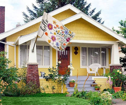 Hello Spring Floral House Flag 28 x 40 Vertical Double Sided Colorful Flowers Summer Farmhouse Holiday Outside Decorations Burlap Yard Flag BW257-40