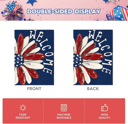 AVOIN colorlife Patriotic 4th of July House Flag 28x40 Inch Double Sided Outside, Memorial Day Floral Welcome Daisy Yard Outdoor Decoration