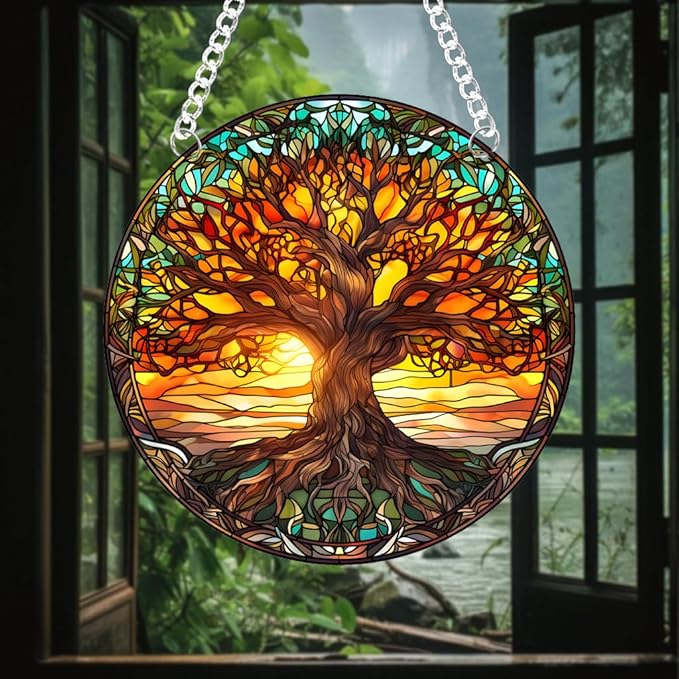 Tree of Life Stained Glass Suncatcher Nature Round Big Trees and Sunset Suncatcher Hanging Decoration with Metal Chain-SunCatchers for Window Decor Outdoor Garden Decor Gift,1PC