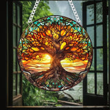 Tree of Life Stained Glass Suncatcher Nature Round Big Trees and Sunset Suncatcher Hanging Decoration with Metal Chain-SunCatchers for Window Decor Outdoor Garden Decor Gift,1PC