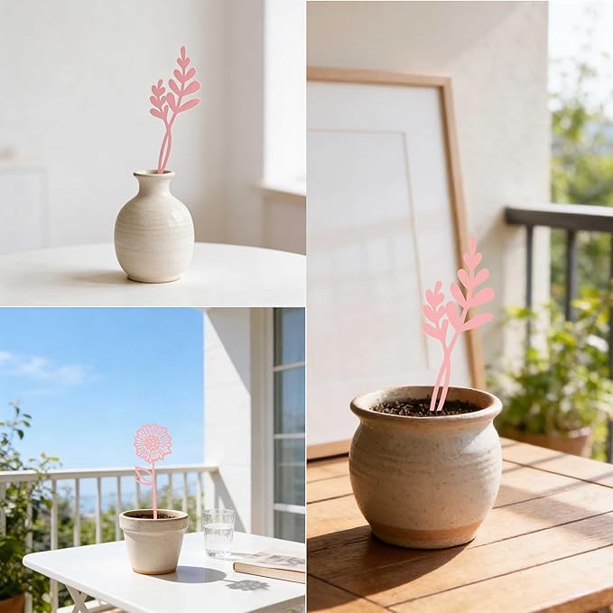 Pink Metal Flowers Set of 6, Decorative Garden Outdoor Plant Stakes for Yard Art, Metal Garden Art Flower Bed Decor, Pink Flower Yard Sculptures for Pots Vase Garden Lawn and Patio