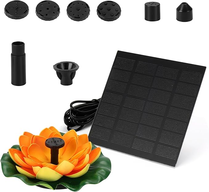 Solar Water Fountain for Bird Baths, Floating Solar Powered Water Fountain Pump for Birdbath, Garden, Pond, Pool, Outdoor Decor, Water Lily, Orange