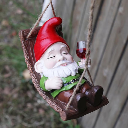 Funny Gnome Garden Hanging Decor, Cute Wine Drinking Gnome on Hammock Figurine for Outdoor Patio, Fence, Balcony, Porch & Garden Gift