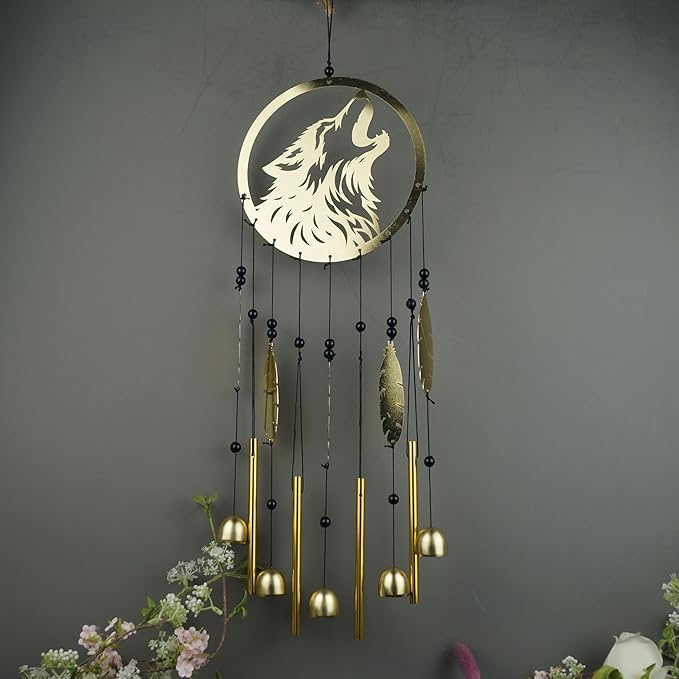 Wolf Dream Catcher Wind Chimes for Outside, Gold Metal Howling Wolf Windchimes with Bells & Feathers, Gift for Wolf Lovers Chimes Wolves(Golden Wolf)