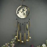 Wolf Dream Catcher Wind Chimes for Outside, Gold Metal Howling Wolf Windchimes with Bells & Feathers, Gift for Wolf Lovers Chimes Wolves(Golden Wolf)