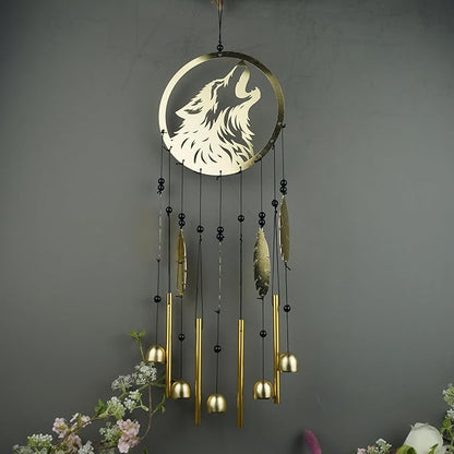 Wolf Dream Catcher Wind Chimes for Outside, Gold Metal Howling Wolf Windchimes with Bells & Feathers, Gift for Wolf Lovers Chimes Wolves(Golden Wolf)
