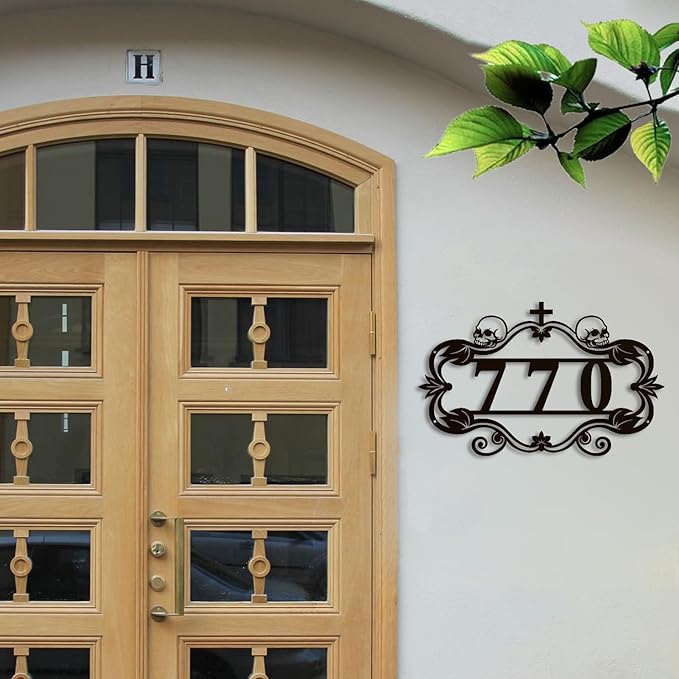 Personalized Gothic House Number metal Signs,Custom Address Number Metal Wall Art Decor,Black Plaques Outdoor wall Decorative Signage,Shed(8-30 Inches) (Skull)