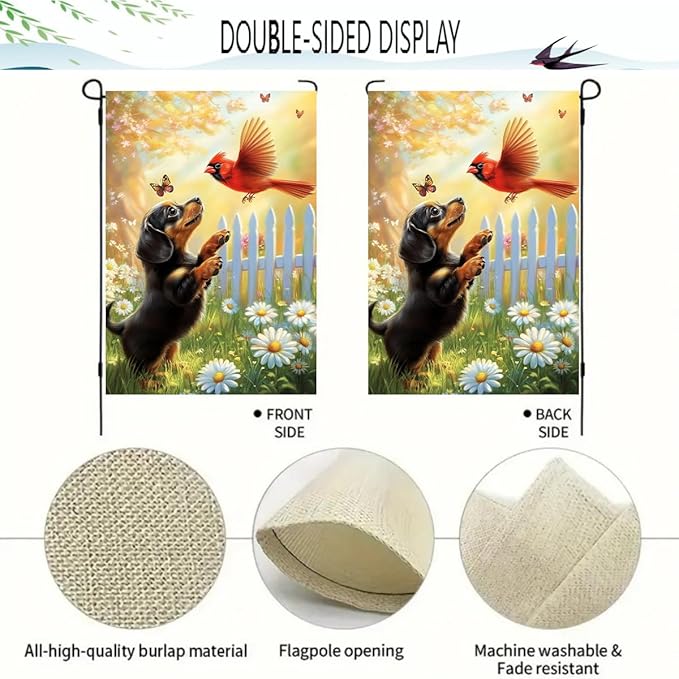 Spring Summer Garden Flags for Outside 12x18 Double Sided, Small Burlap Black Dachshund Dog Cardinal Floral Garden Flag Spring Summer Outdoor Yard Decorations