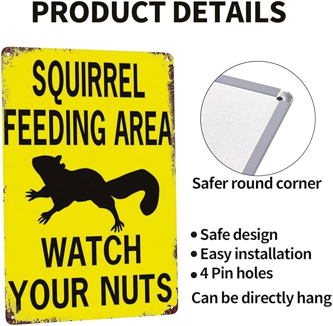 Retro Funny Metal Sign Sheet Signs Tin Sign,Squirrel Feeding Area Watch Your Nuts,Outdoor Home Wall Decoration,Size：8x12inch