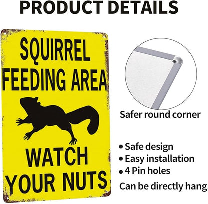 Retro Funny Metal Sign Sheet Signs Tin Sign,Squirrel Feeding Area Watch Your Nuts,Outdoor Home Wall Decoration,Size：8x12inch