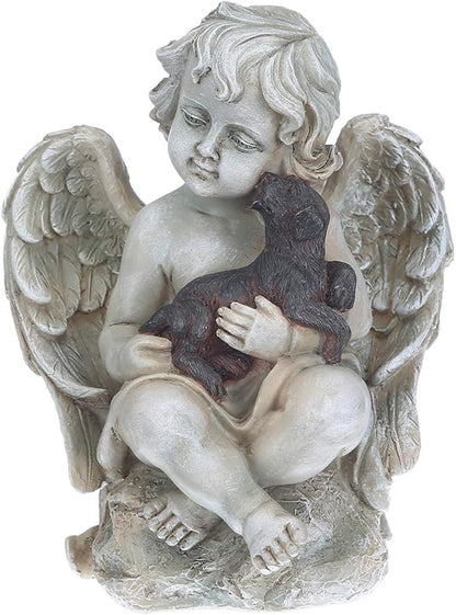 DUSVALLY Angel Sculpture with A Little Dog in Arms, Garden Resin Statue, Angel Figurine Tabletop Decor, Angel with Wings Statue for Indoor Outdoor