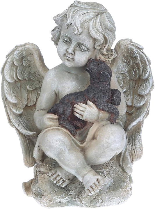 DUSVALLY Angel Sculpture with A Little Dog in Arms, Garden Resin Statue, Angel Figurine Tabletop Decor, Angel with Wings Statue for Indoor Outdoor