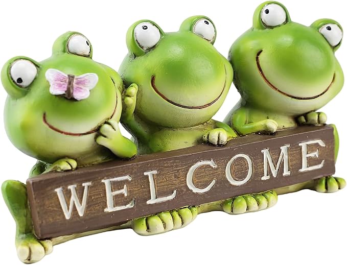 Cute 3-Pack Frog Resin Statue with Welcome Sign - 7.87 Inch”L Hand-Painted Indoor Outdoor Decor, Weather Resistant Frog Figurine for Patio, Yard & Porch