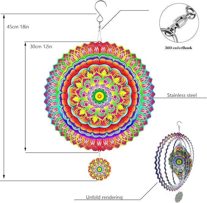 Mandala Wind Spinner for Yard and Garden, 12 Inch Wind Spinner, Outdoor Mandala Gifts, Gifts for Ladies, Mothers, Wives, Men, Fathers, Garden, Decorations Metal Hanging Patio Art Wind Sculpture