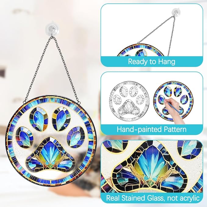 Dog Cat Paw Print Suncatcher Stained Glass Window Hanging - Handmade Dog Paw Suncatchers for Windows Hanging - Sun Catchers Indoor Wall Decor Glass Panel Memorial Catcher Remembrance Birthday Gift
