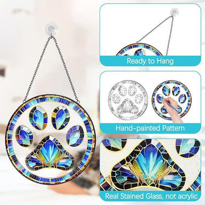 Dog Cat Paw Print Suncatcher Stained Glass Window Hanging - Handmade Dog Paw Suncatchers for Windows Hanging - Sun Catchers Indoor Wall Decor Glass Panel Memorial Catcher Remembrance Birthday Gift