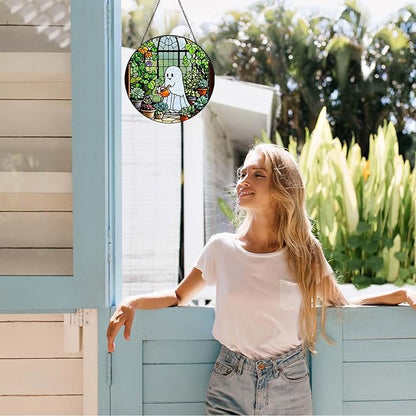 Ghost Garden Sun Catcher Stained Glass Window Hanging Plant Lovers Gifts for Women Wall Decor Handmade SunCatcher Decoration for Garden Home Plant Greenhouse Decor, 7.87inch