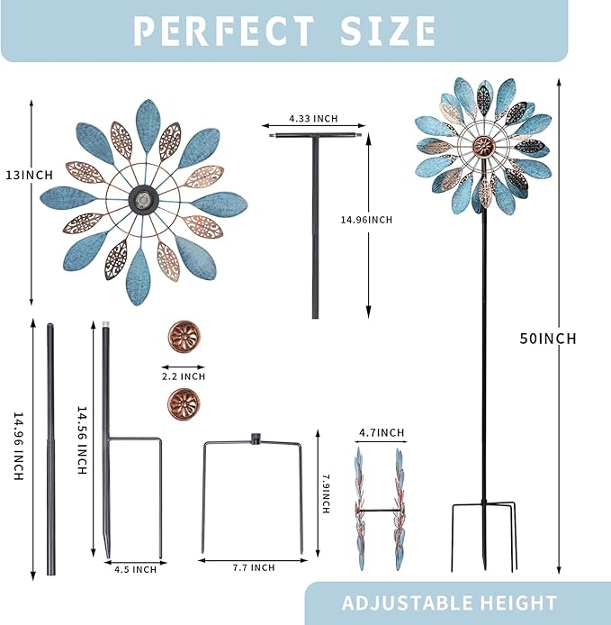 WONDER GARDEN Wind Spinners Outdoor - Metal Wind Spinner Windmill, 4.3 Ft Kinetic Wind Sculpture & Spinners for Yard Patio Lawn Decor