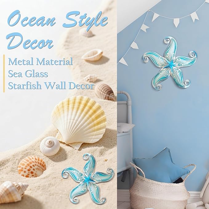 POXOHO Starfish Coastal Wall Decor Art, Starfish Beach Theme Bathroom Decor for Bedroom House Home, 12" Hanging Glass Sculpture, Beach Wall Art Ocean Gifts for Women & Men (Sky Blue)