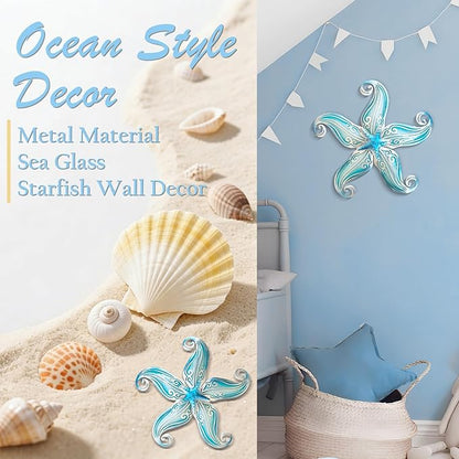 POXOHO Starfish Coastal Wall Decor Art, Starfish Beach Theme Bathroom Decor for Bedroom House Home, 12" Hanging Glass Sculpture, Beach Wall Art Ocean Gifts for Women & Men (Sky Blue)