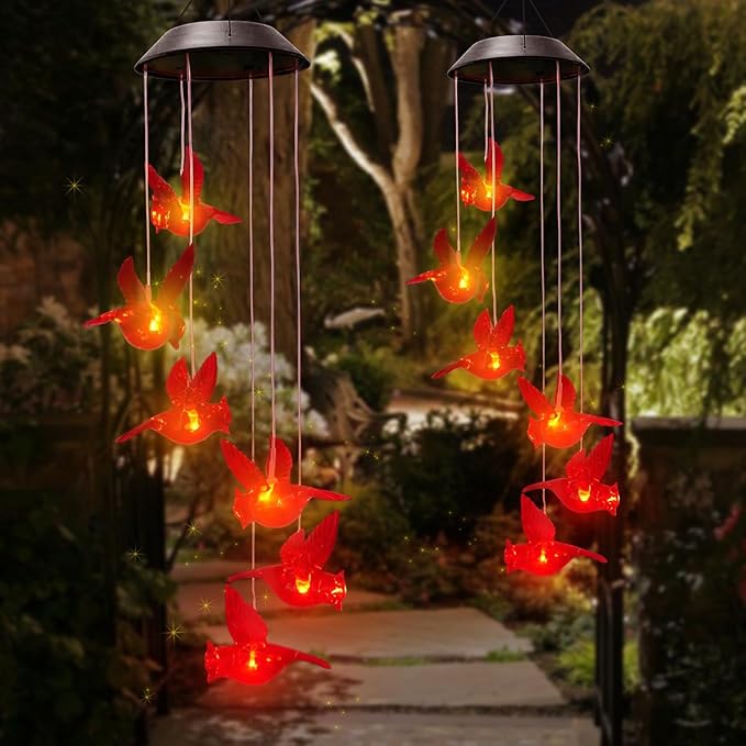 Cardinal Solar Wind Chimes for Outside,2 Pack Cardinal Gifts for Women Mom Mother,Solar Red Bird Memorial Wind Chimes,Solar Powered Wind Chime Waterproof,Red Bird Decor for Garden Patio Outdoor Porch