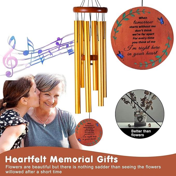 Memorial Wind Chimes for Outside – Sympathy Wind Chimes for Loss of Loved One, Bereavement Gifts for Loss of Dad, Mom, Baby, Brother, or Friend – Outdoor Remembrance Gift in Gold (Round Design)