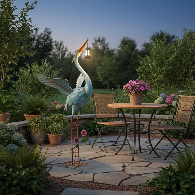 Crane Garden Statue with Solar Lantern, Large Blue Heron Outdoor Staue Garden Decor, Metal Crane Sculpture Yard Art Decor for Lawn, Backyard, Porch