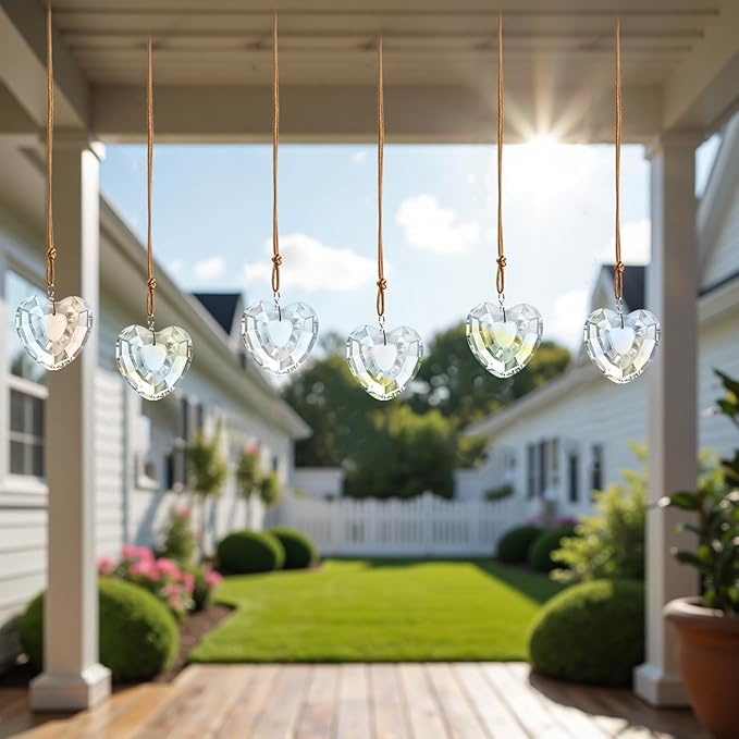 6pcs Clear Crystal Glass Heart Prisms Ornaments Valentines Heart Hanging Crystals Decor for Window Home Car Garden