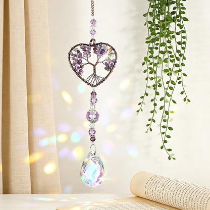 Molain Tree of Life Crystal Suncatcher, Hanging Purple Sun Catcher for Windows Elegant Purple Sun Catcher Crystals Ornament Heart Shaped Crystal Ball Prism Drop Pendant for Garden Decor Crystal Gifts