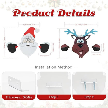 HUYIENO 2pcs Christmas Metal Fence Peeker Decoration Santa & Reindeer Fence Yard Sign Cute Outdoor Christmas Decor for Yards, Patios, Lawn, Pathway, Parking Holiday Decor Art Ornament