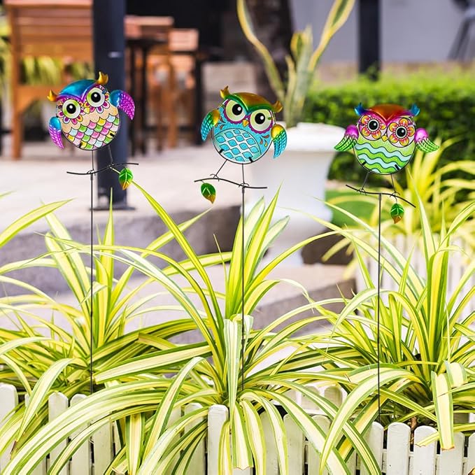 Decorative Garden Stakes,Set of 3 Owl Stained Glass Metal Yard Art Outdoor,Waterproof Spring Garden Stakes Decorative for Lawn Patio Pathway