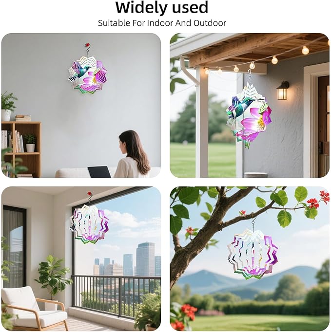 8 Inch Sublimation Wind Spinner, 3D Aluminum Metal Wind Spinner with Hook, Indoor Yard Garden Hanging Decoration, Weather Resistant Rotating Spiral Ornament, Hummingbird and Lotus