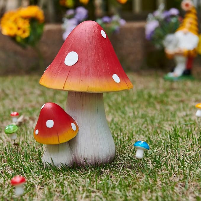 Mushroom Decor Fairy Garden Accessories - Outdoor Garden Decor Mushrooms Ornament for Garden Decoration Garden Gnome's Favorite Mushroom Statues (8" Red)