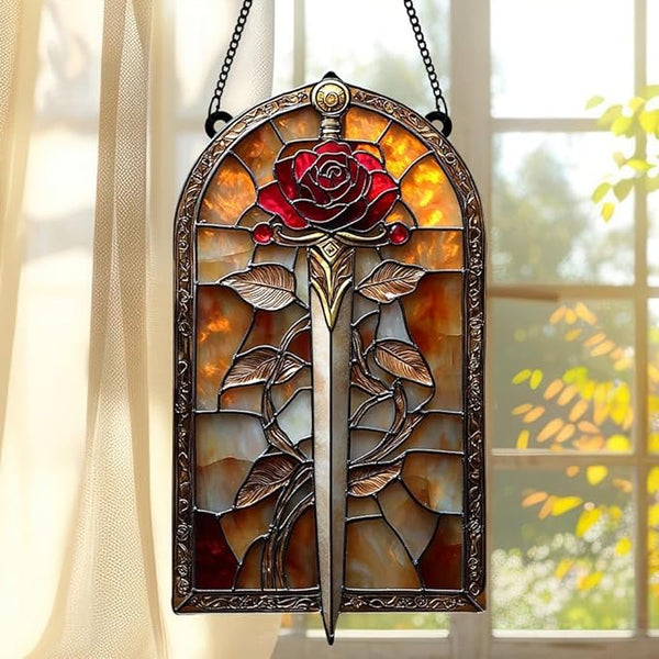 Rose Sword Acrylic Suncatcher, Boho Suncatchers for Window Hanging Ornament, Stained Glass Effect Indoor Outdoor Garden Decor for Fantasy Lover, Gifts for Mother's Day, Mom, Grandma, Wife, Women