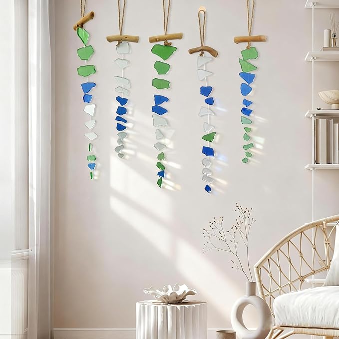 SNAIL GARDEN 5 Pieces Sea Glass Wind Chimes, Handmade Style Ocean Wind Chimes for Outside, Sea Glass Decor for Garden, Beach House Decor, Indoor Home Patio Hanging Ornament