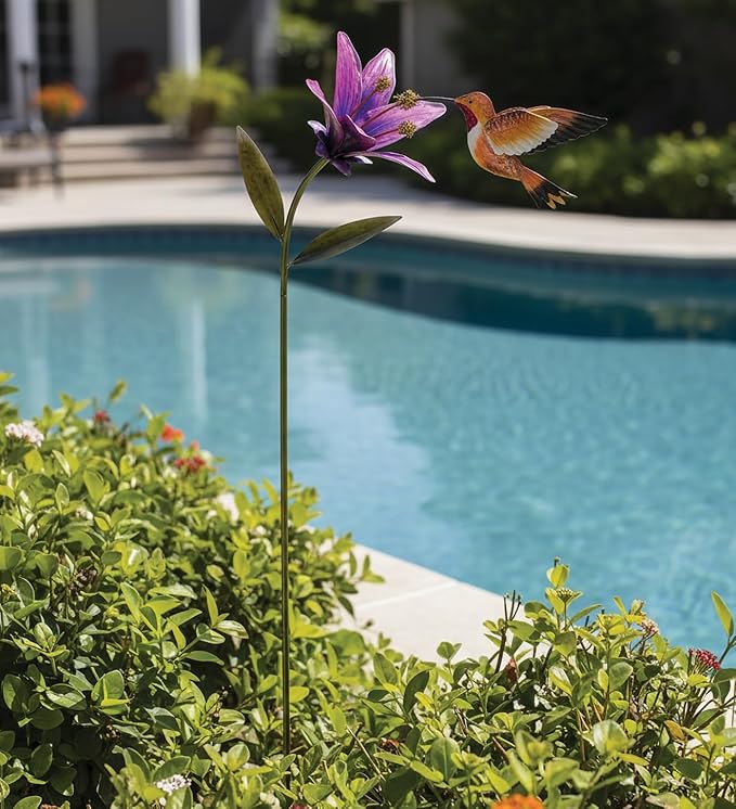 Regal Art & Gift Hummingbird Flower Garden Stake - Decorative Handcrafted Metal Sculpture, Elegant Outdoor Art for Patio, Lawn & Garden Décor - Rufous