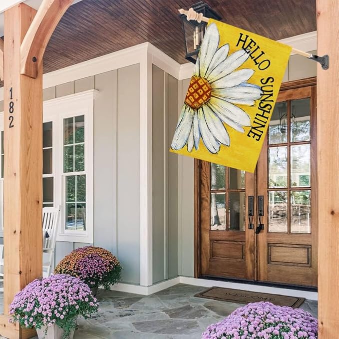 CROWNED BEAUTY Summer House Flag Daisy Double Sided 28x40 Inches Large Burlap Seasonal Welcome Yard Porch Decoration for Outside (Yellow)