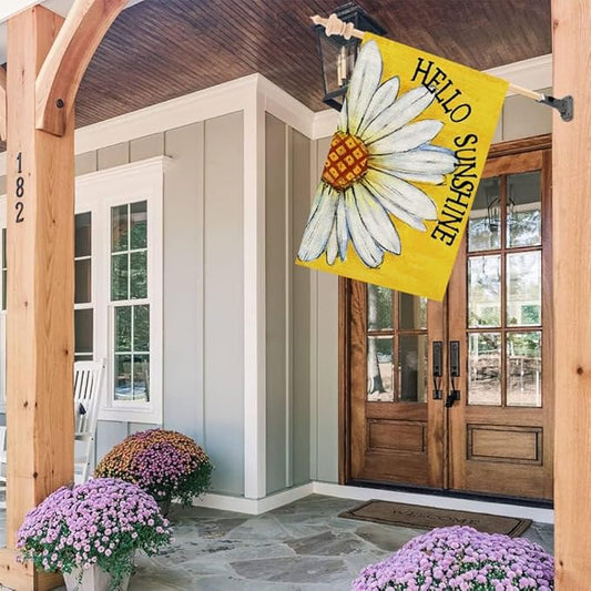 CROWNED BEAUTY Summer House Flag Daisy Double Sided 28x40 Inches Large Burlap Seasonal Welcome Yard Porch Decoration for Outside (Yellow)