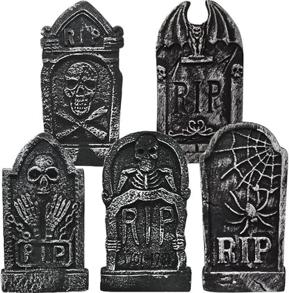 CAMIRUS 17" Halloween Foam Tombstones, 5 Pack RIP Tombstones Graveyard Headstone Decor with 10 Bonus Metal Stakes for Halloween Yard Garden Lawn Patio Outdoor Decorations