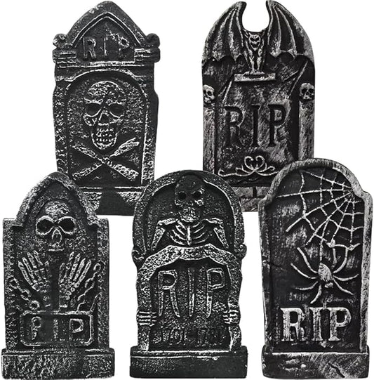 CAMIRUS 17" Halloween Foam Tombstones, 5 Pack RIP Tombstones Graveyard Headstone Decor with 10 Bonus Metal Stakes for Halloween Yard Garden Lawn Patio Outdoor Decorations