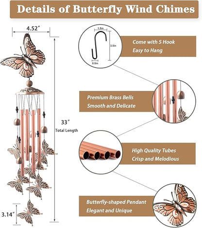 Wind Chimes for Outside, 33" Butterfly Wind Chimes Outdoor, Birthday Gifts for Women Mom Sister, Gift for Garden Porch Patio Home Decor (Golden)