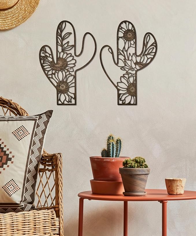 Putuo Decor Metal Cactus Outdoor Decor, Rustic Sunflower Metal Wall Art, Floral Nature-Inspired Metal Wall Art for Living Room, Bedroom, Bathroom, Boho Style, Lawn Decoration, 12.2 x 4.6 inches