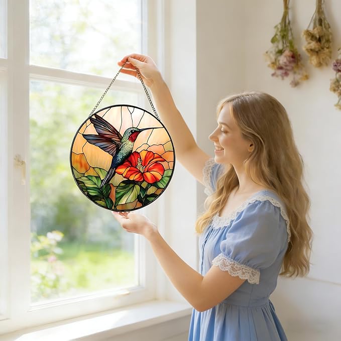 9.8In Hummingbird Stained Glass Window Hanging, Large Stained Glass Suncatcher for Indoor Home Decor, Vibrant Bird & Flower Window Suncatcher Ornament for Garden, Ideal Gift for Women Mom Bird Lovers