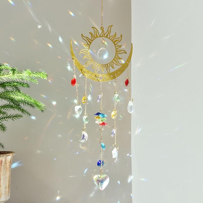 Bohemian Garden Crystal Suncatcher, Crystal Prism Suncatcher, Rainbow Maker, Hanging Crystals for Window, Garden Decoration (Sun)